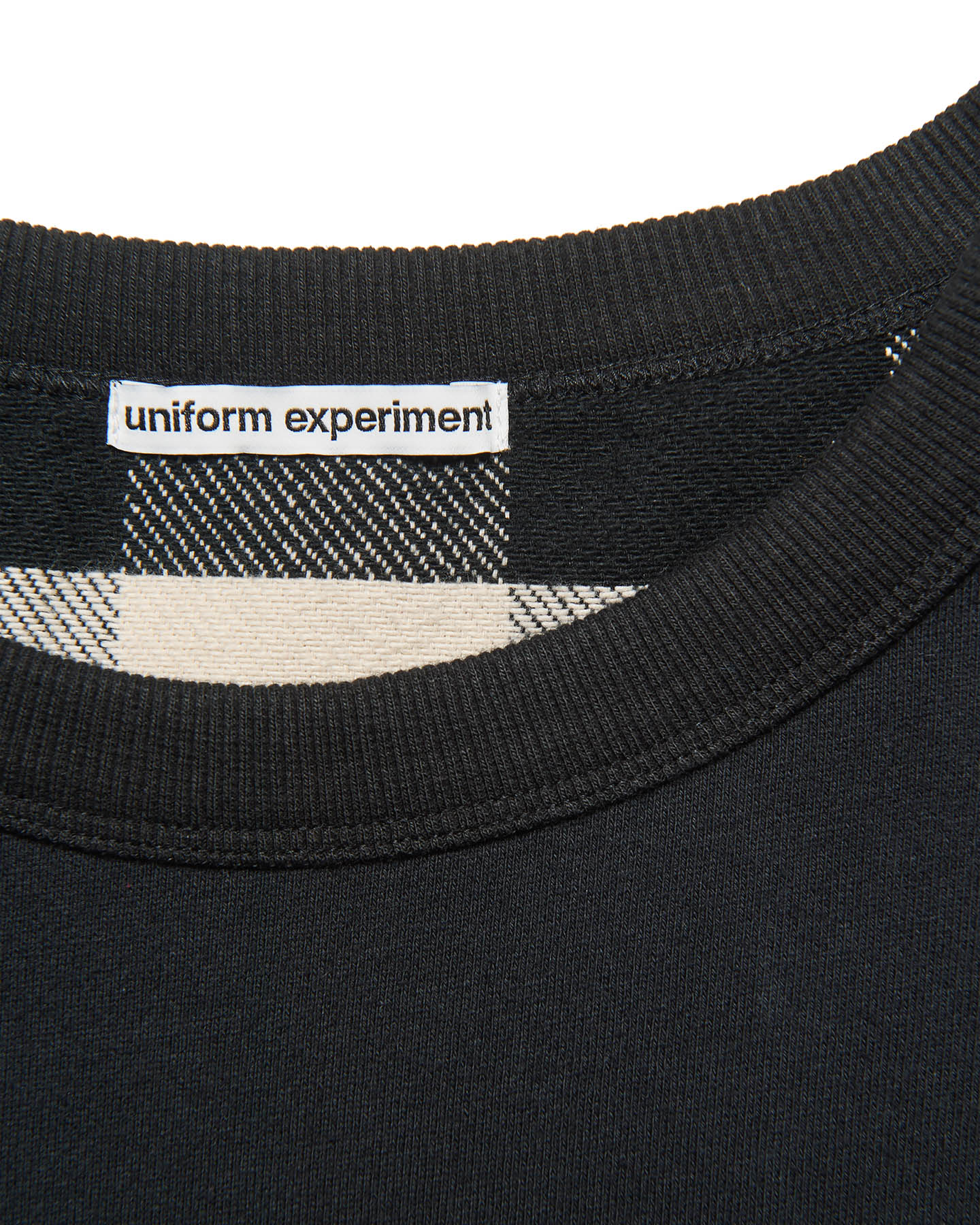uniform experiment / LINE FLANNEL CHECK PANELED CREWNECK TOP (BLACK)　襟